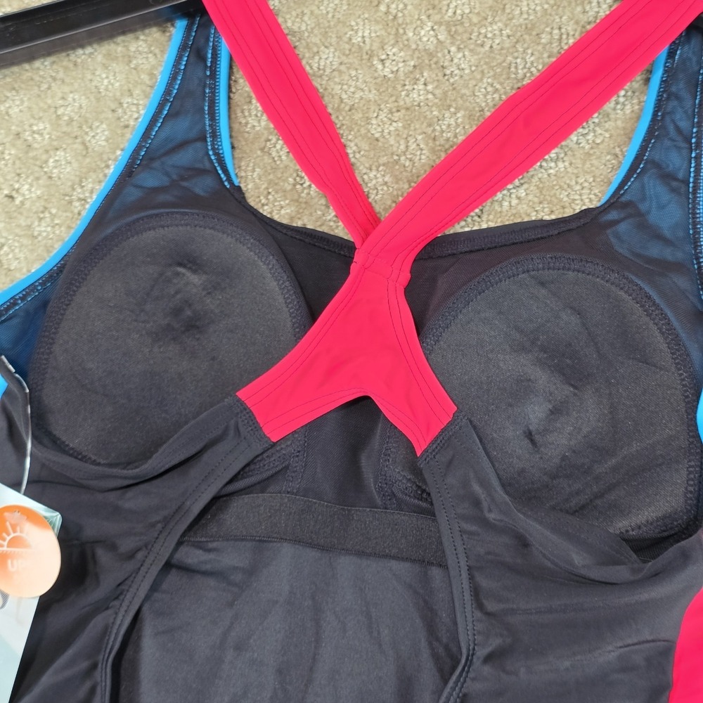 NWT Women's One Piece Swimsuit Medium Black Pink Blue Racerback UPF 50+ - Picture 3 of 9